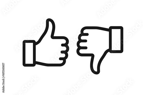 Thumbs up and thumbs down icon set. Like dislike hand gesture symbols for approval, rejection, rating, review, feedback. Outline vector pictogram isolated on transparent background.