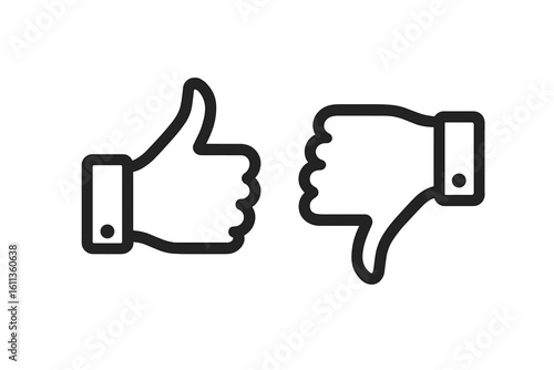 Outline thumbs up and thumbs down hand icons showing positive negative feedback, like dislike gestures, approval rejection symbols, social media vote buttons, rating indicator vector