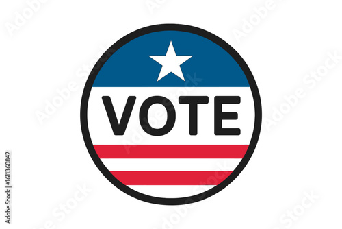 Vote button icon with American flag patriotic colors red white blue star. Election democracy political campaign symbol badge. Voting civic duty USA government