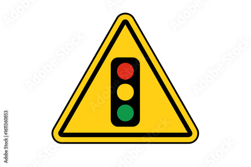 Traffic light warning sign vector. Yellow triangular caution symbol with traffic signal lights. Road safety warning icon isolated on transparent background for transportation design