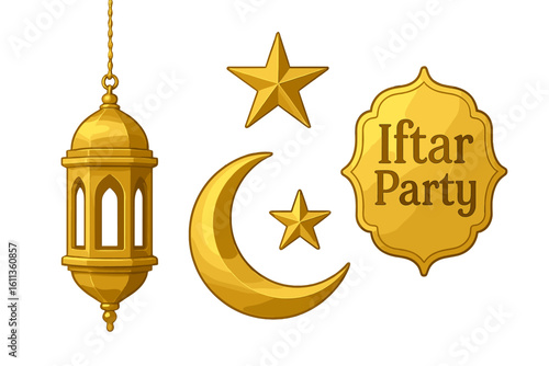 Golden Islamic vector set Ramadan Eid greeting elements. Lantern crescent moon star symbols iftar party invitation design. Muslim holiday decorative graphics transparent background