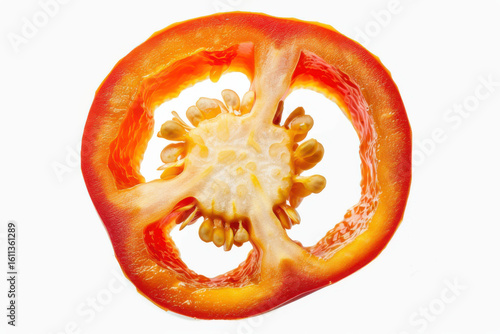Close-up of sliced orange bell pepper with visible seeds, isolated on a white background, highlighting vibrant color and freshness.