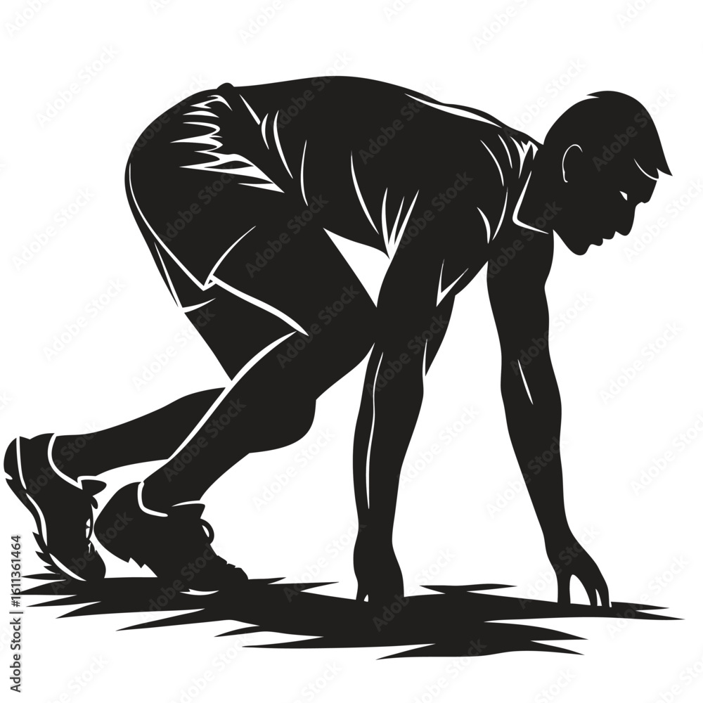 Fototapeta premium Silhouette of a Runner in Starting Position Ready to Sprint at the Starting Line