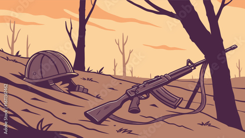 A despondent warrior in full armor sits with head bowed in a field of grass and dirt ground
