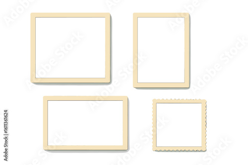 Set of vintage photo frames with shadow. Retro photograph border template. Blank old picture mockup for album or scrapbook design. Vector isolated illustration elements.
