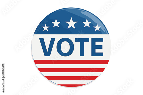 United States election campaign button badge with bold VOTE text, blue stars and red stripes, ballot icon symbolizing democracy, civic duty, voting vector illustration