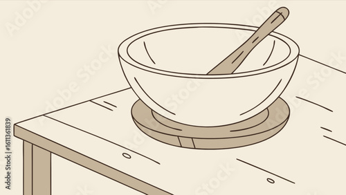 A bowl with a spoon inside sits on a wooden table with a cloth partially visible on the left side