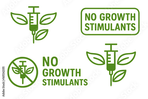 No growth stimulants packaging label vector set. Natural product certification icons. Organic pharmaceutical symbol with syringe and leaves. Green eco-friendly labeling design
