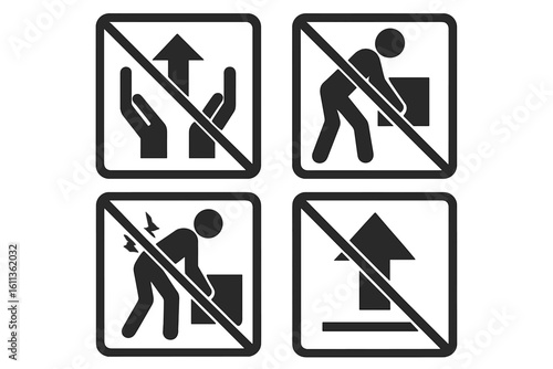 Set of packaging and cargo handling warning symbols. Prohibited signs. Do not lift, incorrect posture back injury, do not push. Logistics safety icons. Vector illustration.