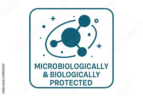 Microbiologically biologically protected product packaging label symbol. Antimicrobial safety certification mark. Scientific molecule research vector icon design