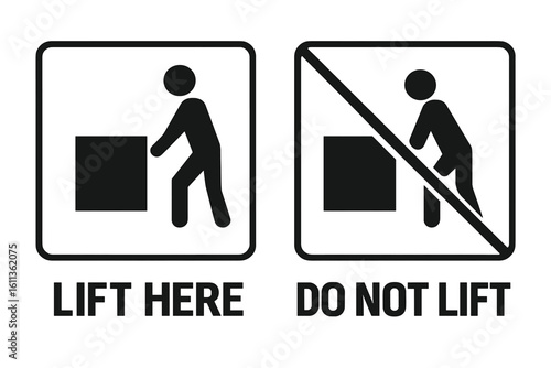 Lift Here and Do Not Lift packaging symbols. Vector icons for cargo handling instructions. Safe manual lifting pictogram set for shipping, logistics, and freight goods.