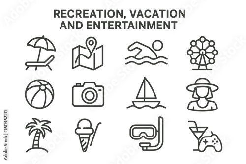 Recreation, vacation, and entertainment line icon set. Summer travel, beach holiday, and leisure symbols. Outline pictogram for web design, mobile app, and UI UX.