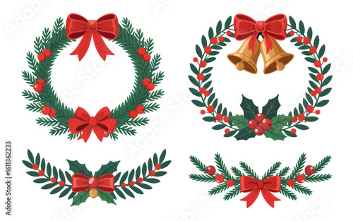 Christmas Wreath Designs Festive Bows Bells Holly  Greenery Illustrations isolated on transparent background