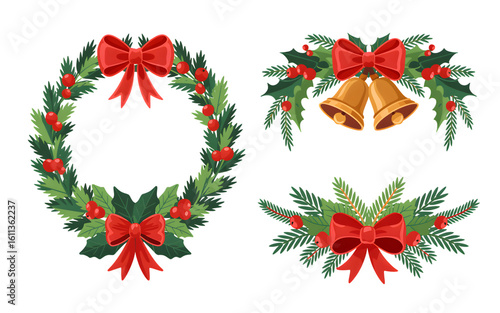 Christmas Wreath Bells  Bows Festive Holiday Decorations isolated on transparent background