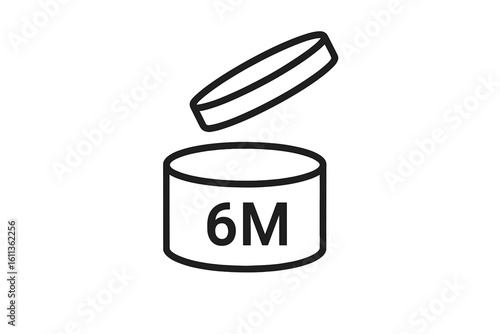 Period after opening PAO 6M symbol. Vector icon for cosmetic packaging. Shelf life expiration date label. Beauty product safety information sign. Cream jar marking graphic.