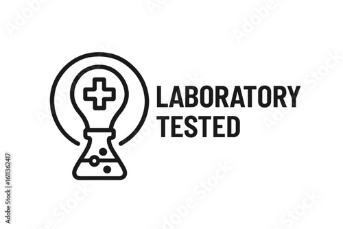 Laboratory tested certification stamp badge with medical cross light bulb and beaker flask. Quality assurance symbol for product packaging healthcare pharmaceutical vector illustration