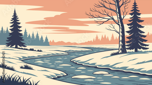 Winter landscape with bare tree and winding river against a sunset with mountains in the background