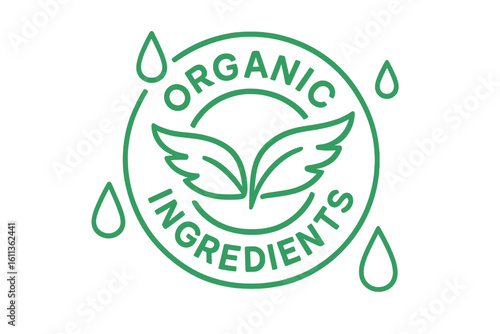 Organic product label design with a leaf wings stamp. Eco-friendly packaging concept with green drops. Natural ingredients symbol for bio food or vegan cosmetics. Vector logo icon.