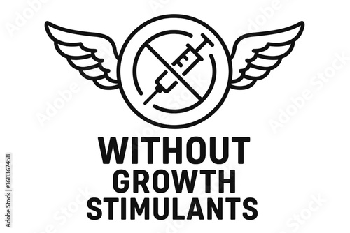 Without growth stimulants icon. No hormones symbol for food packaging label. Crossed out syringe with wings vector. Natural organic product stamp. Healthy food logotype design.