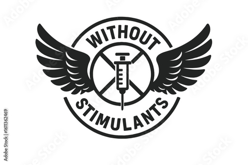 Without stimulants vector icon. Hormone free food label. No drugs symbol for packaging. Natural organic product stamp with wings. Healthy quality guarantee emblem.