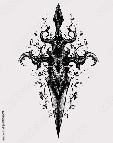 Intricate black and white ornamental design resembling a fantasy weapon with swirling vines and detailed symmetrical for