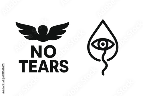 No tears product packaging icon set. Gentle formula symbol for baby shampoo or cosmetics. Teardrop with eye logo. Allergy free, hypoallergenic and ophthalmologist tested mark.