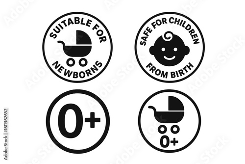 Baby product stamps. Newborn safety icons set. Suitable for newborns symbol. Safe for children from birth label. Age restriction 0+ months. Vector packaging elements.