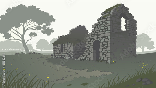 Illustration of a ruined stone building in a field with trees and a misty background scenery view