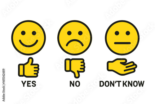 Emotion feedback icons set vector. Yes no don't know evaluation symbols. Happy sad neutral face emoticons with thumbs up down gestures. Rating survey UI elements
