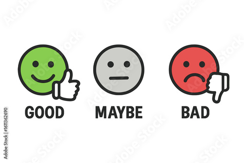 Emotion rating icons set vector illustration. Good bad neutral feedback emoticons with thumbs up down. Customer satisfaction evaluation symbols for UI UX design