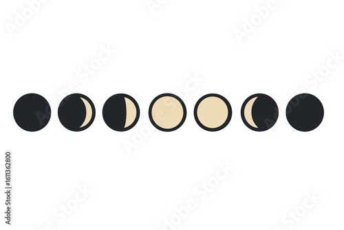 Moon phases vector icons set flat design. Complete lunar cycle astronomy illustration night space celestial spheres shadow crescent gibbous full new moon science