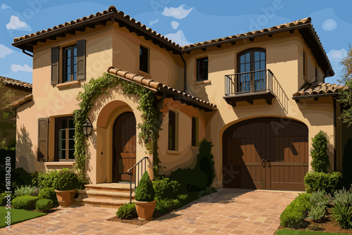 Luxury Mediterranean style house with stucco walls, tile roof, and landscaped garden. Real estate concept of an upscale family home villa with a driveway and wooden garage door.
