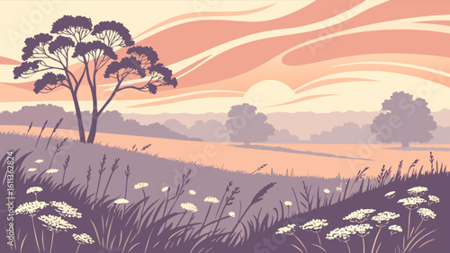 A serene landscape featuring a lone tree wildflowers and a pastel sunset creating a peaceful ambiance scene