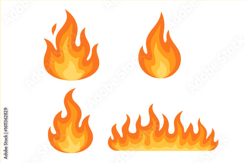 Fire flame icons set flat design vector. Orange yellow burning flames collection. Cartoon fire symbols pack. Heat blaze torch elements. Ignition combustion graphic resource