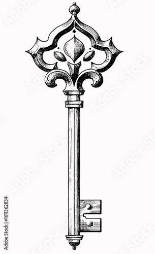 A highly detailed ornate key with decorative scrollwork and fleur de lis emblem,