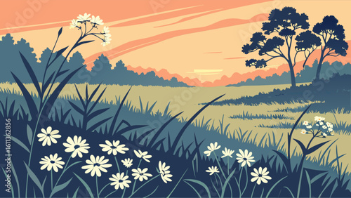 Scenic landscape with daisies and tall grass in a field under a pastel sunset sky with trees far away
