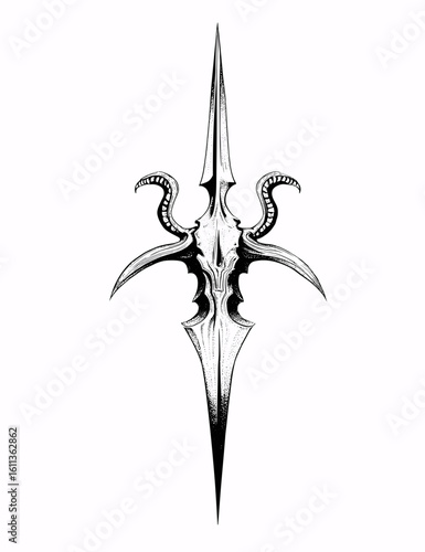A finely detailed line illustration of a needle-like pattern featuring a sharp trident shape with an arrowhead tip and a