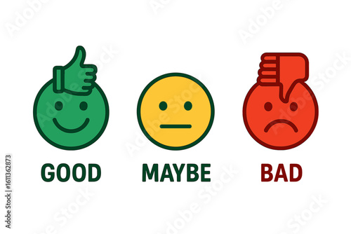 Feedback emoticons icon set. Good, bad, maybe evaluation scale. Customer satisfaction rating smiles. Vector symbols for survey, quality test, and user experience.