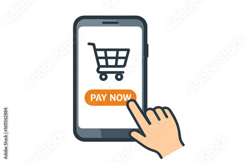 Mobile online payment illustration: hand tapping Pay Now button on smartphone screen with shopping cart icon, secure fintech e-commerce transaction, contactless checkout vector