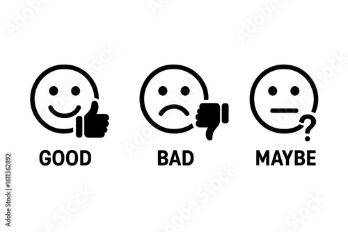 Emotion icon pack for customer feedback and rating. Good, bad, and maybe emoticons. Thumbs up and down for satisfaction review. Vector illustration isolated on white.