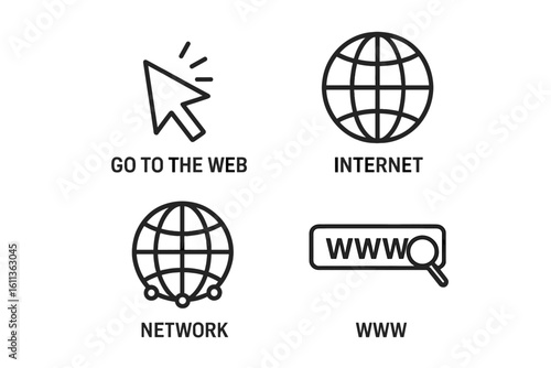 Flat linear web internet icons set cursor globe network WWW search symbols. Website navigation elements. Online technology vector graphics collection outline style