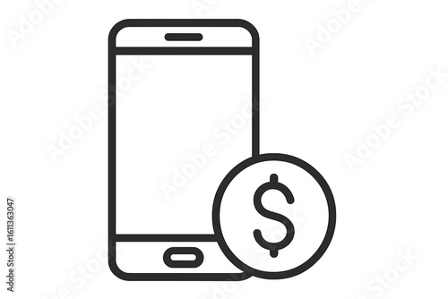 Smartphone outline icon with dollar coin depicting mobile money transfer, digital wallet payment, online banking, e-commerce checkout, fintech app, line vector illustration isolated