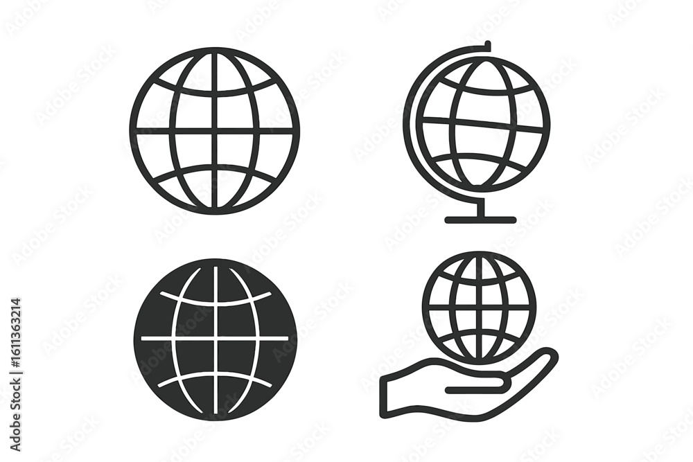 Globe world icons set collection flat linear outline style earth planet meridians hand holding international business geography web vector graphics elements Globe world icons set collection flat linear outline style earth planet meridians hand holding international business geography web vector graphics elements