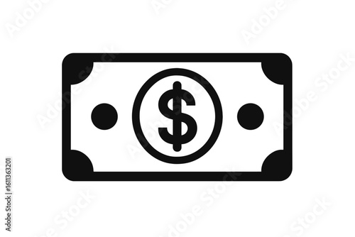 Money banknote dollar bill icon, cash payment symbol, flat glyph pictogram for finance, banking, commerce, accounting or mobile app UI button, black silhouette, vector illustration