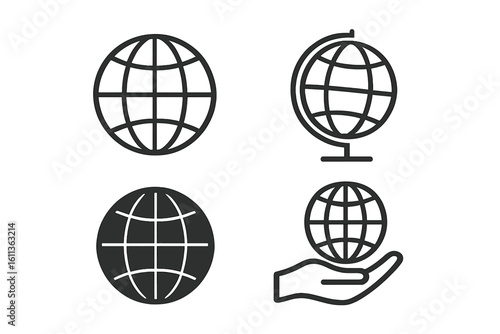 Globe world icons set collection flat linear outline style earth planet meridians hand holding international business geography web vector graphics elements