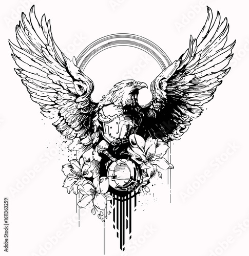 A detailed monochromatic illustration of a stylized eagle in dynamic flight with wings spread wide,