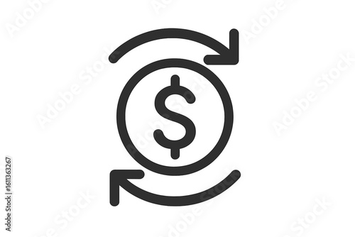 Money transfer icon with circular arrows around dollar sign showing cash flow, currency exchange, online banking payment, refund, fintech mobile app UI web finance vector illustration