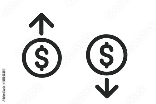 Money growth and decline icons set. Dollar symbol with upward arrow for profit and downward arrow for loss. Finance infographic concept, price fluctuation, business economy vector