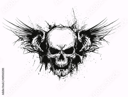 A detailed black and white tattoo design featuring a skull with wings, showcasing intricate bone details,