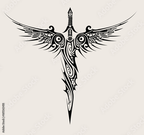 An ornate sword tattoo design with intricate detailing, featuring a stylized handle, symmetrical wings,